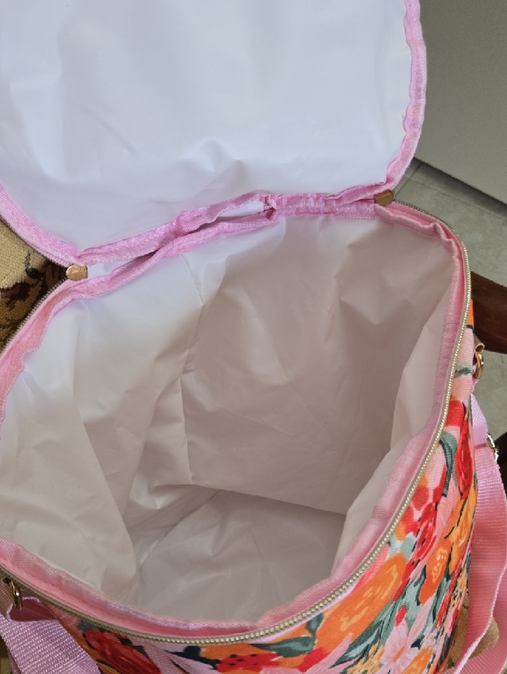 Source Unknown Pink Floral Canvas Bucket Travel Bag with Orange Accents - Picture 5 of 6